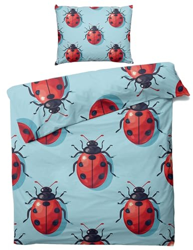 MOBEITI Marienkäfer Bettwäsche 135x200, Insekt Wendebettwäsche, Weiche Kuschelige Mikrofaser Bettbezug Set 2teilig, 1 Kissenbezug 80x80, mit Reißverschluss -MO&236