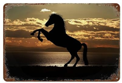 Pferd Silhouette Sonnenuntergang Meer,Blechschild Wanddekoration Lustiges inspirierendes Zitat Wandkunst Schild Vintage Blechschilder für Zuhause Kaffee Bar Man Cave Schild Pub Poster -N64