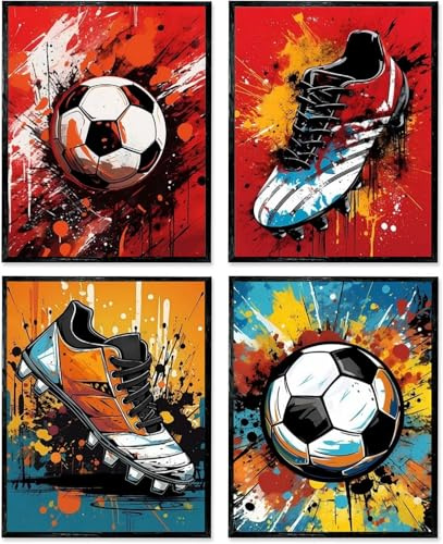 Linilioart Fußball-Wandkunst-Poster, 4er-Set, Fußball-Kunstmalerei, ungerahmt, bunte Graffiti-Wandkunstdrucke, Jungen-Schlafzimmer, ästhetische Wanddekoration (30 x 40 cm)