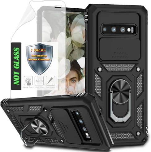 AYMECL for S10+ Case,with Slide Camera Cover,1Pcs Self-Healing Screen Protector,Heavy Duty Shockproof Protective Case with Magnetic Kickstand Card Holder for Samsung Galaxy S10 Plus 6.4 inch,Black