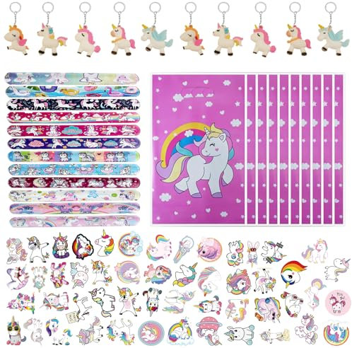 Einhorn Mitgebsel Kindergeburtstag Mitbringsel, 82pcs Geburtstag Gastgeschenke Set mit Geschenktüten Schnapparmbänder Schlüsselanhänger Stickers, Kinder Party Kleine Geschenke Give Aways für Mädchen