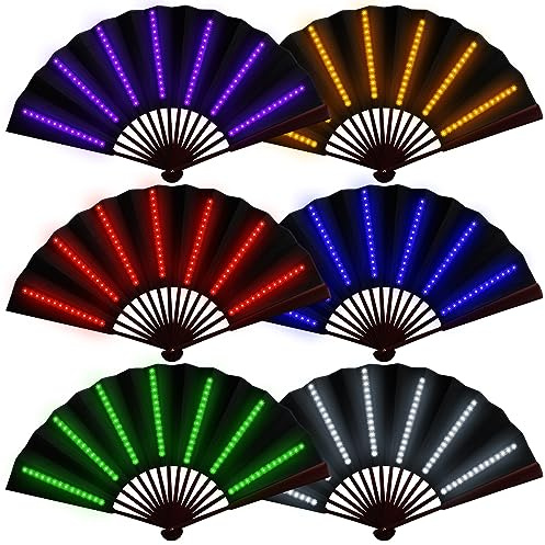 Roowest 6 Stück Rave-Ventilator, zusammenklappbar, für Line Dancing mit Batterie, LED, groß, 6 Farben, leuchtender Ventilator für Party, Geschenk, Performance, Show, Geburtstag, Nachtclub (Schwarz