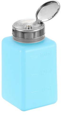 sourcing map Solvent Alcohol Dispenser 180ml(6.1oz) Nail Polish Remover Push Down Liquid Dispenser Pump Bottle with Stainless Steel Press Head for Acetone Solution, Blue