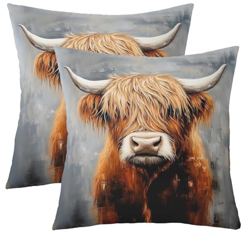 Loussiesd Hochlandkuh Kissenbezüge 45x45cm Zierkissenbezüge Hochlandrinder Sofakissen Couchkissen Tier Kissenbezug Wildtiere Dekokissen Zimmer Dekor Grau Orange Kissenhülle
