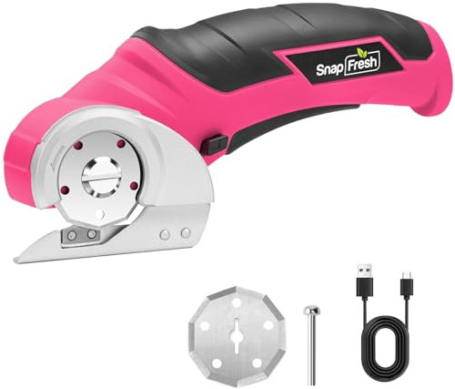SnapFresh Kartonschneider Elektrischer Schere 4V Kabellose Rollschneider Akku-Universalschneider Rotationsschneider - 2 Klinges - für Papier, Pappe, Teppich, Leder, Filz, Kunststoff (Rosa)