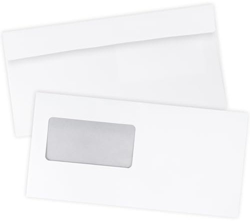 Mocraft 100 Briefumschläge mit Fenster 110 x 220 mm, 100g/m² Papier, DIN lang Umschläge mit Fenster mit grauem Innendruck für Sichtschutz - Briefkuvert Weiß Selbstklebender