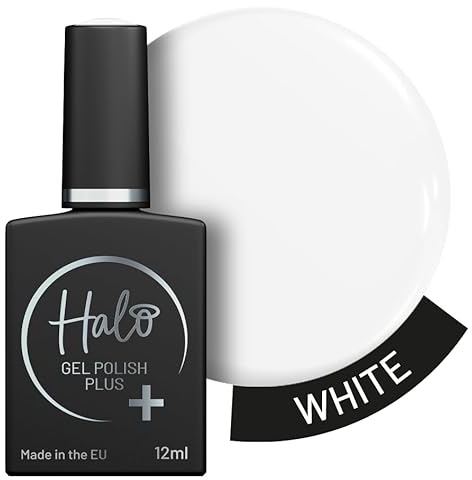 Halo Gel Polish Plus 12ml - White. UV/LED Gel Nail Polish, Long Lasting & Easy To Apply. Nail Art Colours For Manicure & Pedicure. Hema Free Gel Polish For Professional & Home Use.
