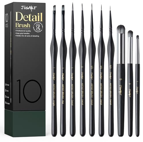 JusArt 10-Piece Detail Paint Brush Set, Miniature Paint Brushes for Models, Acrylic Oil Watercolor, Professional Fine Detail Brushes for Adults & Miniature Painters
