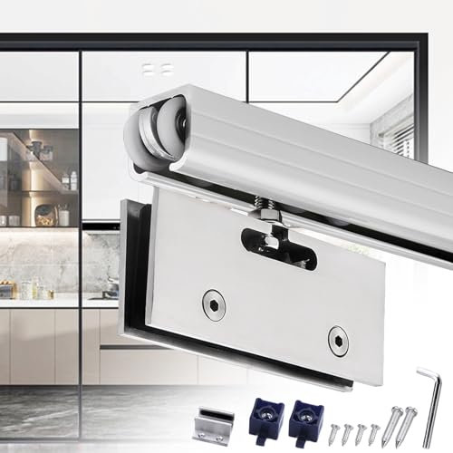 Schiebetür Schiene Beschlagsatz für Glasschiebetüren auf Terrassen, Beschlagsatz für Glasschiebetüren, Modernes Schienensystem für Scheunentore, Passend für 10–12 mm Große Glasplatten(Silver,80 inch (
