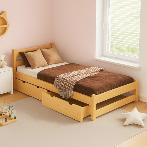 MEBLE WRÓBEL Kinderbett 90x200 cm mit 2 Schubladen und Lattenrost - Einzelbett aus Kiefer Massivholz - Kinder Bett Montessori – Jugendbett - ohne Matratze