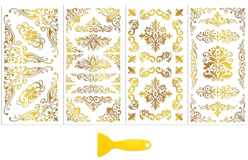 Peacoblue Rub-On Transfer-Aufkleber für Möbel Basteldekoration 6x12 Goldene Barocke Eckkante, 3 Stück wasserdichte UV-DTF-Transfers für Schublade Kommode Glas Porzellan Holz Kunststoff