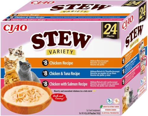 INABA Ciao Stew, Katzenfutter mit Thunfisch und Huhnerfleisch, 24 x 40g | Mit Hochwertigen Zutaten, Cremige Katzensuppe, Getreidefrei, Zuckerfrei, perfekte Leckerli zwischen den Mahlzeiten