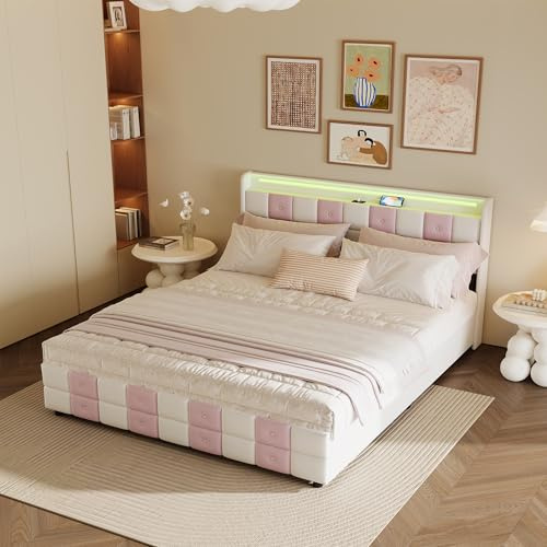 HYTKKBD Letto matrimoniale 140 x 200 cm con luci a LED e porta USB, Letto imbottito rosa con 4 cassetti, Telaio per letti matrimoniale con rete e testiera, Letto contenitore senza materasso