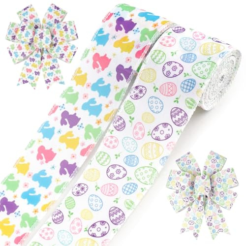 Osterband 2 Rollen 2,4 Zoll 10 Yards Weiß Geschenkband Ostern Schleifenband Dekoband Tischband Osterdeko Ostern Bänder Deko Jute Mit Drahtkanten DIY Geschenkverpackung Handwerk Ostereier Osterhasen