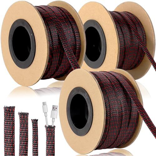 3 Rolls Braided Cable Sleeving, 1/4 3/8 1/2 Inch Wire Loom Sleeve | 90 m Expandable Design, Braided Sleeves for TV, PC, Desk, Home Cinema and Automotive Wiring, Black and Red