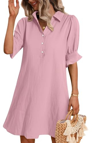 Zeagoo Womens Shirt Dress Casual Ruffle Short Sleeve Summer Dresses Chiffon Button Down Work Dress with Pockets