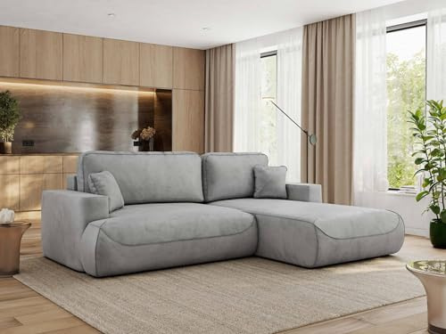 MKS MEBLE Ecksofa Wohnlandschaft L-Form mit Schlaffunktion und Bettwäscheschrank, Schlafsofa mit Bettkasten, modernes Sofa OVO L - Rechts - Hellgrau Velvet