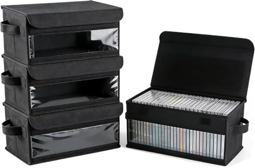 LZEXIN 4 Pack CD Storage Boxes with Visible Window, Lid, Handle | Foldable, Stackable, Fastening Tape Closure, 4 Pack-14.2x6.3x5.5, Fabric Cases Organiser for CDs