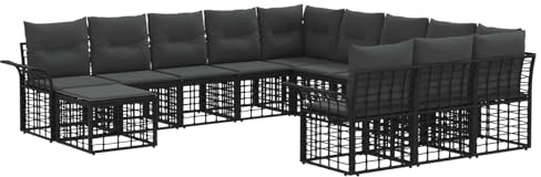 vidaXL Gartensofa-Set 12 pcs Schwarz und Dunkelgrau Poly-Rattan, Moderne Gartenmöbel aus Akazienholz, wetterfestes modulares Sofa-Set, verstellbare Fußpolster, Bequeme Outdoor-Sitzmöbel