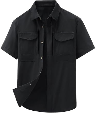 Herrars arbetsskjorta med kortärm, safari cargo skjortkappa med punktkrage, knappade skjortor sommar stretch lätt outdoor-tee, Svart, 3XL