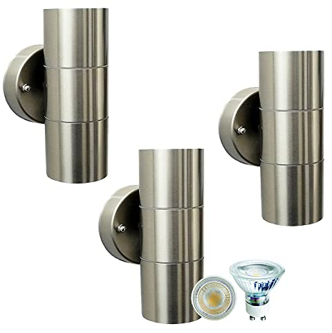 3x hochwertige Edelstahl-LED-Außen-Wand-Leuchten Bornholm, Up-/Down-Light, IP44, Inklusive LED-Leuchtmittel GU10 6x 7Watt, Eigang-Balkon-Terrassen-Treppen-Leuchte Strahler-Spot