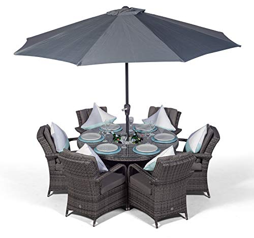 Arizona Luxury 6 Seater Grey Rattan Dining Set with Ice Bucket Drinks Cooler | Outdoor Poly Rattan Garden Table & Chairs Set with Parasol & Cover