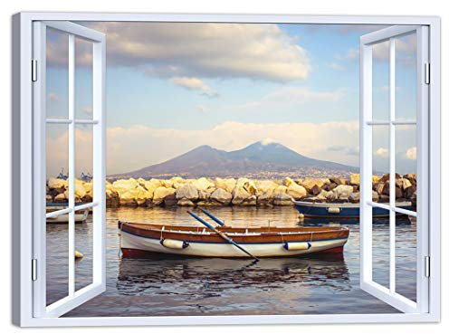 LuxHomeDecor Quadro Finestra Napoli Vesuvio 100x75 cm Stampa su Tela con Telaio in Legno Arredamento Arte Arredo Moderno