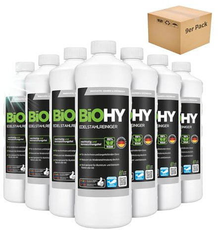 BiOHY Edelstahlreiniger (9 x 1 Liter), Edelstahlpflege, Edelstahl, Haushalt | Edelstahlreiniger für Küche, Töpfe und Grill, Edelstahlpflege für streifenfreien Glanz