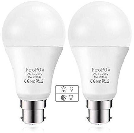 ProPOW Dusk to Dawn Light Bulb, 9W (60 Watt Equivalent) A19 LED Light Sensor Bulbs, Smart Automatic on/Off,Indoor/Outdoor Lighting Bulb for Porch Garage Hallway Patio (Soft White, B22, 2 Pack)