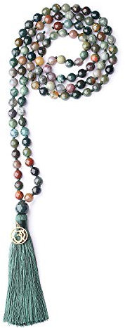 coai Collana Buddista con 108 Perle Mala in Agata Indiana Annodate a Mano con Nappa Verde e Amuleto Om, 6mm