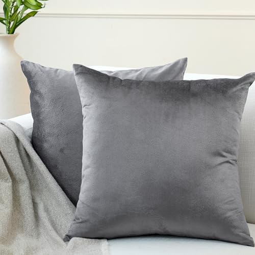 Encasa XO Kissenbezüge aus Samt - 2er-Set (40x40 cm) - Grau- Uni gefärbt, weich & glatt, waschbar, quadratisch, großer Wurfkissenbezug für Couch, Sofa, Stuhl, Bett und Wohnbereich