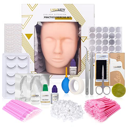 LASHVIEW Eyelash Extension Kit, with Mannequin Head Practice Exercise Set, Training Lash Extension Supplies for Beginners Include Individual Lashes Glue Tweezers and Training Lashes