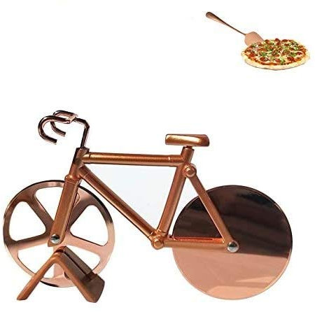 Yilu Fahrrad-Pizzaschneider, Edelstahl Doppel-Pizzaschneider, Fahrradform Pizzaschneider mit Ständer, scharfer Radschneider mit Antihaftbeschichtung, Pizzaliebhaber, Küchenhelfer, Partyzubehör (Gold)