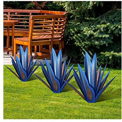 Sculpture Rustique de Tequila Bleue - Art décoration Statue Déco à la Maison, Figurines de Jardin, Ornements de Pelouse, Piquets de Jardin, Plantes d'agave en Métal pour Cour Extérieure, 13.8inch