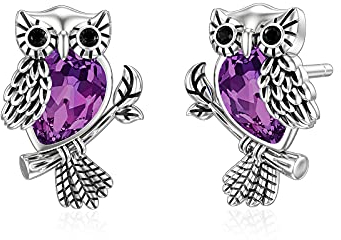 Eule Ohrring Stud mit CZ Lila Kristall 925 Sterling Silber Tierschmuck Jubiläum Geburtstag Muttertag Geschenk für Mama Frauen Teen Tochter