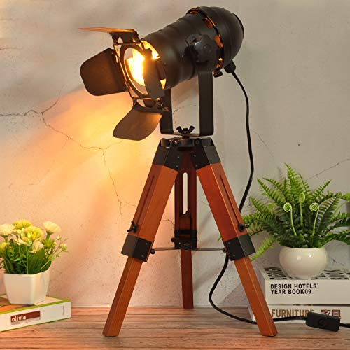 LUSTORM 1 Industrielle Stativ-Holz-Tischlampe für Nachttisch, Bauernhaus höhenverstellbare Retro-Schreibtischlampe für Wohnzimmer Rotation Vintage E27 Stehleuchte für Schlafzimmer