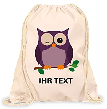STEMPEL-FABRIK Turnbeutel Natur mit Aufdruck - Eule - Personalisiertes Geschenk - Stoffbeutel aus Baumwolle - Sportbeutel - Rucksack mit Tiermotiv - Jutebeutel- Kinderrucksack - Geschenkidee