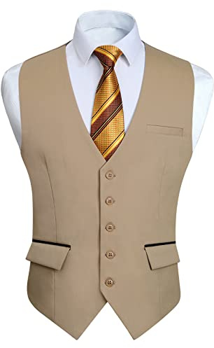 HISDERN Gilet Costume Kaki Homme Mariage Formel Gilets sans Manche Business Classique Casual Veste Fête avec Poches Mode XS