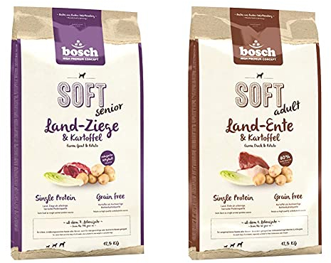 Bosch HPC Soft Senior Ziege & Kartoffel | halbfeuchtes Hundefutter für ältere | ernährungssensible Hunde Aller Rassen | Single Protein | Grain-Free | 1 x 12.5 kg & d-Ente & Kartoffel, 1 x 12.5 kg
