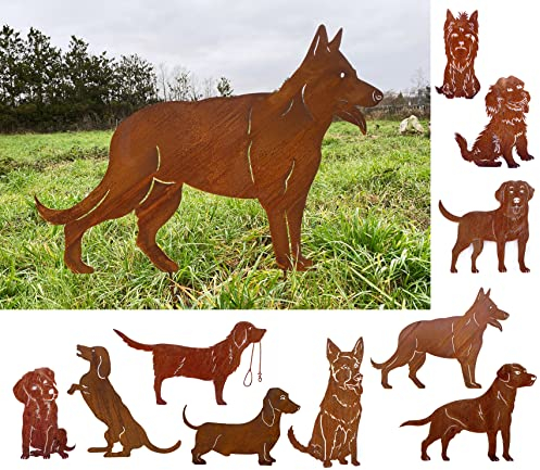 Gartenfigur Hund Schäferhund stehend 57x80cm Gartenstecker Edelrost Gartendeko Wetterfest Rost Metall Rostfigur Hunde Figur Tier von Steinfigurenwelt