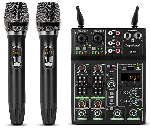 Depusheng UF4-M Studio Audio Sound Mixer Board 4 Kanal Bluetooth kompatibles professionelles tragbares digitales DJ Mischpult mit drahtlosem Mikrofon Mischpulte für Studioaufnahmen