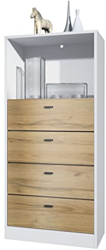 Vladon Kommode Pino V3, Made in Germany, Anrichte mit 4 Schubladen & 1 offenem Fach, Weiß matt/Eiche Natur ohne LED (56 x 125 x 36 cm)