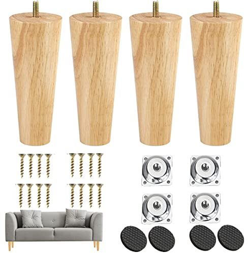 TAIANJI 4PSC Konisch Zulaufend Aus Holz Möbelfüße Holz 12cm TischfüßeHolz Tischbeine mit Gewinde Befestigungsplatte Schrauben Antirutschmatten für Sofa Tisch Couch Schrank Ottomane