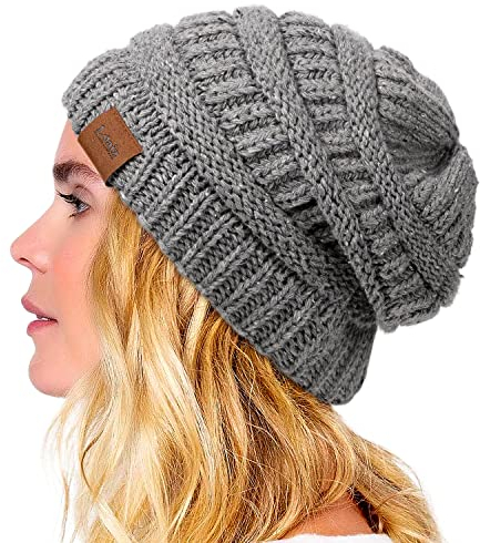 Wintermütze mit Satin-Innenfutter für Damen und Herren, warm, übergroß, lässig, gestrickt, mit Satin-Seidenfutter für natürliches Haar, GRAU, Einheitsgr��e