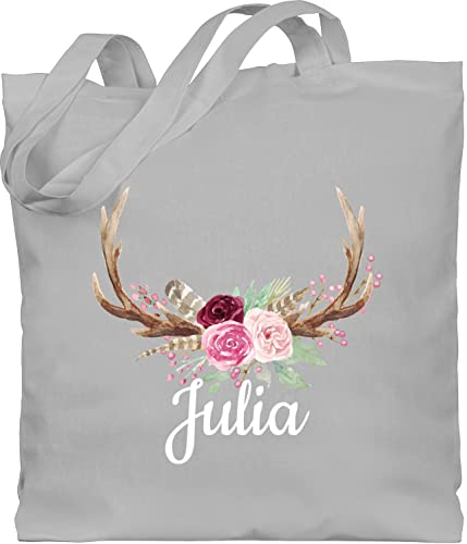 Baumwolltasche - Kompatibel Oktoberfest - Geweih mit Name - Unisize - Hellgrau - personalisierter jutebeutel kinder trachten hirsch stoffbeutel bayrisch tasche bayrisches taschen bayrische beutel