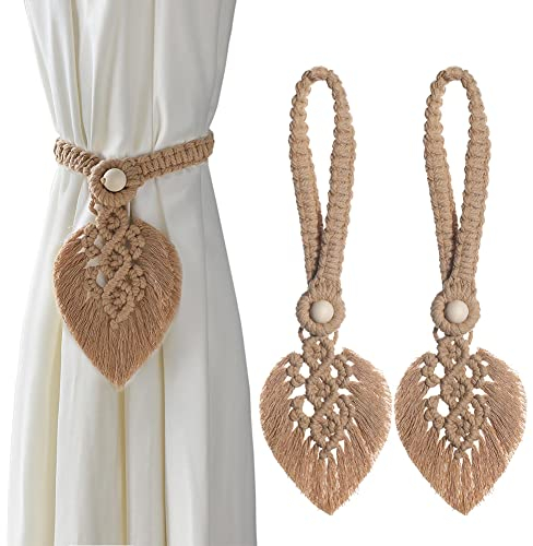 Gohytal Vorhang Raffhalter, 2 Stück Raffhalter für Vorhänge Boho, Vorhanghalter Handgefertigte Gardinenhalter Dekorative Vorhangclips Schnalle für Büro Haus Zimmer Vorhang Binder (Leichtes Curry)