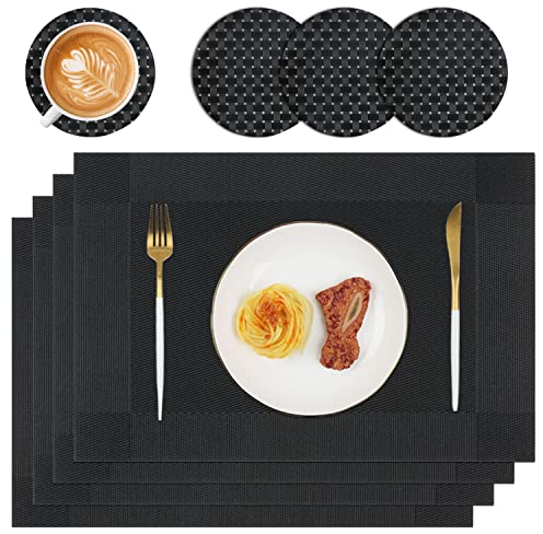 Homcomodar Table Place Mats and Coasters Set of 4 Heat Resistant Placemats Washable PVC Dining Table Mats for Kitchen Dinner Indoor Outdoor Use