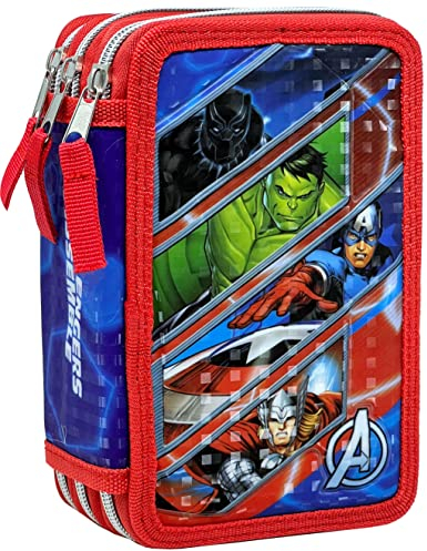 Clondo Avengers Astuccio Triplo Riempito, 44 Accessori Scuola, 3 Zip, 20 Centimetri, Captain America, Hulk, Thor, Black Panther
