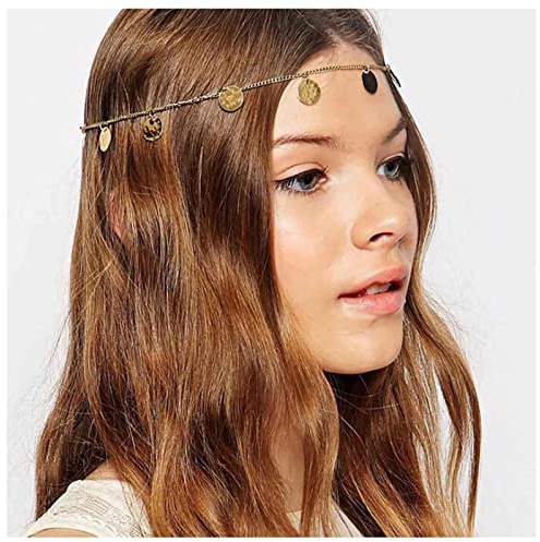 Inilbran Boho Coin Head Chain Headband Vintage Gold Disc Hair Chain Headdress Gold Sequin Headband Headpiece Costume Hair Accessories Jewelry For Women and Girls