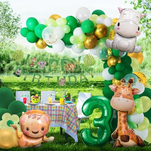 Dschungel Geburtstag Dekoration 3 jahr,Safari Geburtstagsdeko Ballons,Grüne Waldtiere Luftballon Tiere Deko 3. Geburtstag Junge Mädchen,Wild One Geburtstag Deko Party